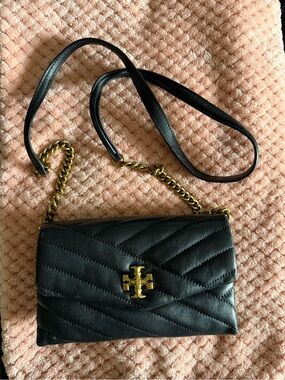 Tory Burch Black Quilted Leather Crossbody with Gold Logo